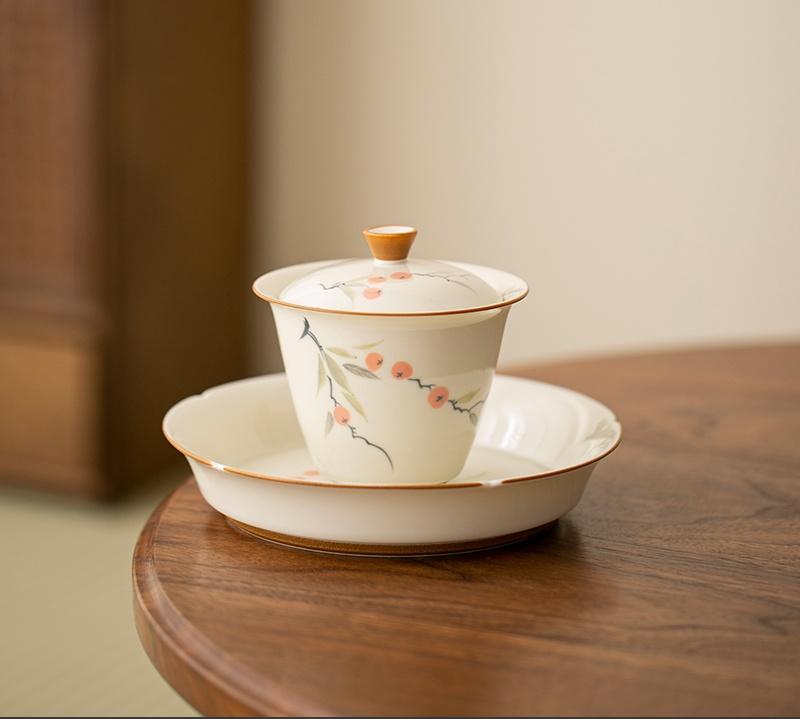 150ml Hand-painted Persimmon Bamboo Cover Bowl Household Anti Scald Gaiwan Handmade Tea Tureen Tea Making Tea Cup Tea Items