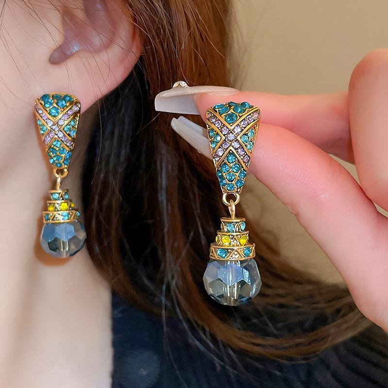 Pendientes de Carrillón de Viento de Perla y Cristal de Aguja Plateada Vintage