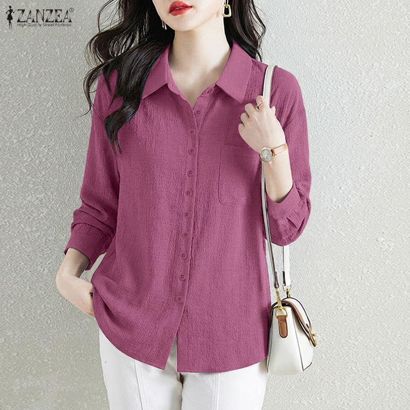 ZANZEA Women Casual Turn Down Collar 3/4 Sleeve Loose Blouse