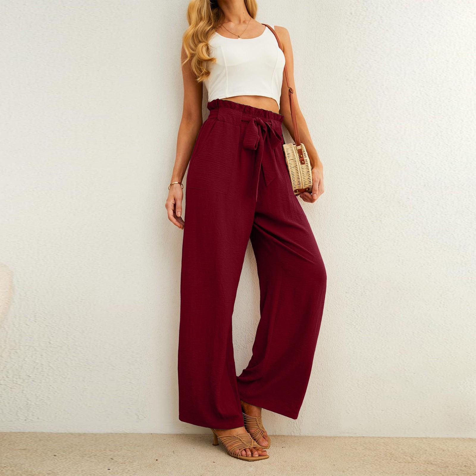 

Women s Casual Wide Leg Pants With Pockets Lightweight High Waisted Adjustable Tie Knot Loose Pants L винный