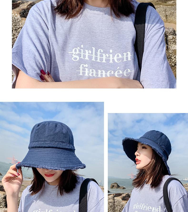 Damen Waschbarer Denim Fischerhut - Ausgefranster Rand, Koreanischer Stil, Trendig, Sonnenschutz, Schmeichelhaft für runde Gesichter