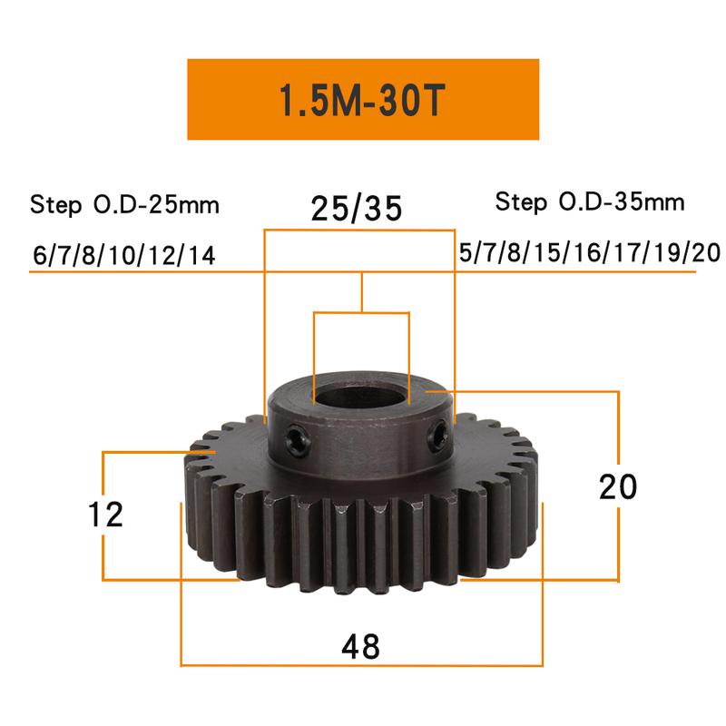 Stirnrad 1,5M-30T Bohrung 7/8/10/12/14/15/16/17/19/20 mm Zahnbreite 12mm Schwärzung Kohlenstoffstahl Schneckenräder für Übertragung