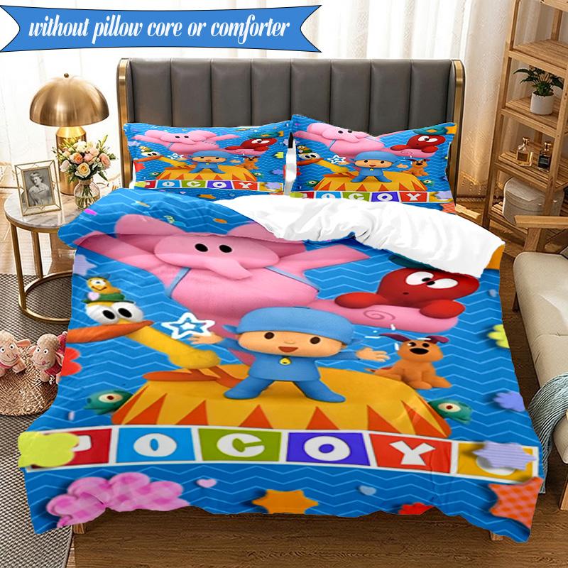 3-teiliges Pocoyo's Buntes Abenteuer Bettwäsche-Set 2D-Druck (Enthält 1 Bettbezug + 2 Kissenbezüge Ohne Füllung), Schlafzimmerdekoration, Ventilatorgeschenk