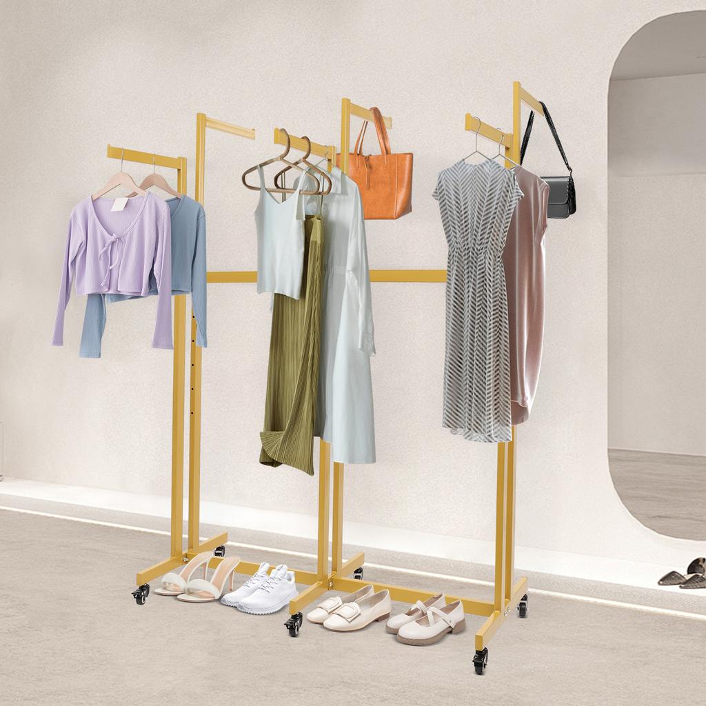 6-Arm Gold Iron Clothing Display Rack, Garment Retail Rack with Smooth Rolling Wheels,Adjustable Height Shirt Display Rack