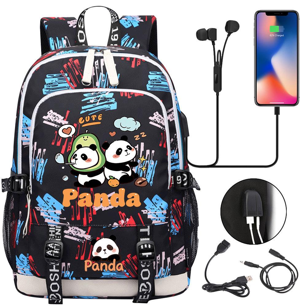 Kawaii Panda Print Tiener USB Laptop Rugzak Kinderen Jongens Meisjes Terug Naar School Boekentassen Vrouwen Mannen Reizen Rugzak