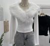 Millennial Hot Girl Fur Patchwork V-Neck Long Sleeve Slimming Top 23326