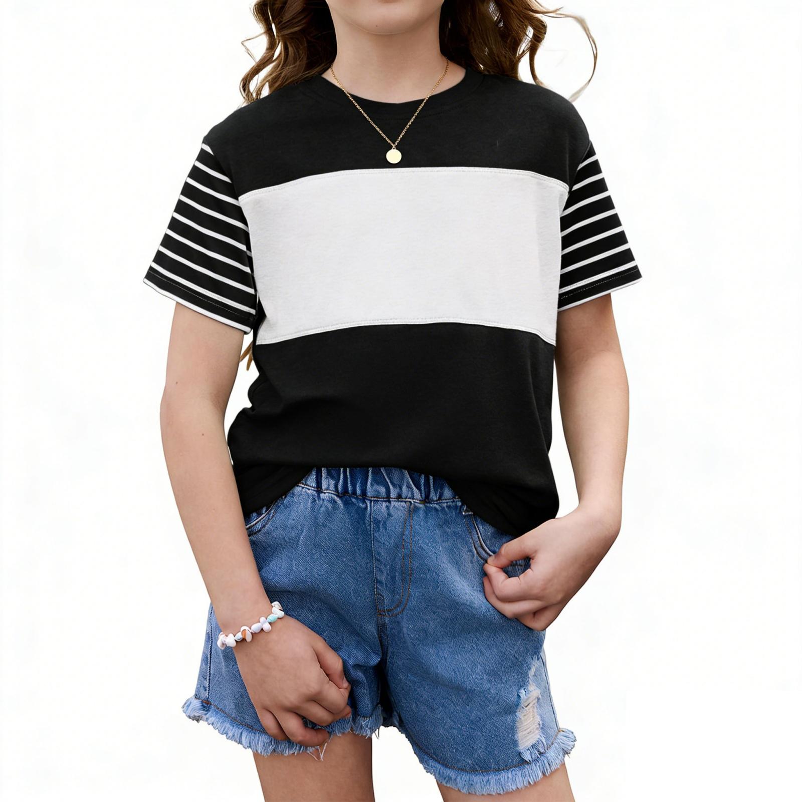 Children s Casual Loose Top Summer Short Sleeve Color-Blocked Top 110 чёрный