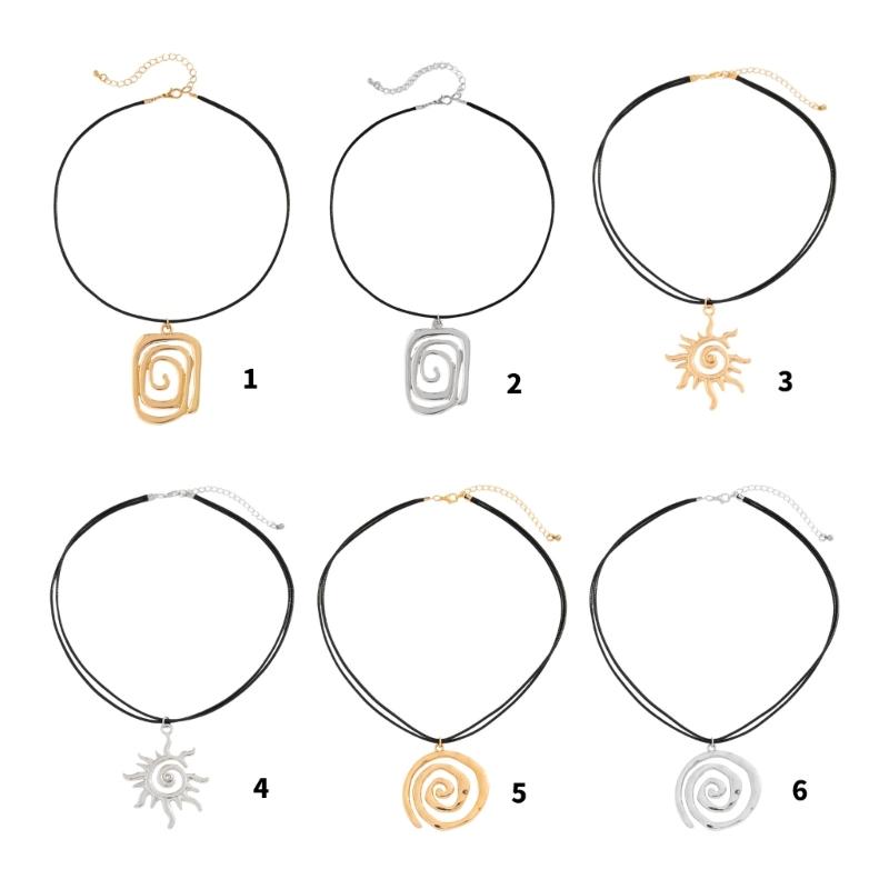 Stylish Metal Coil Sunflower Pendant Necklace Leather Necklace Goth Jewelry For Women