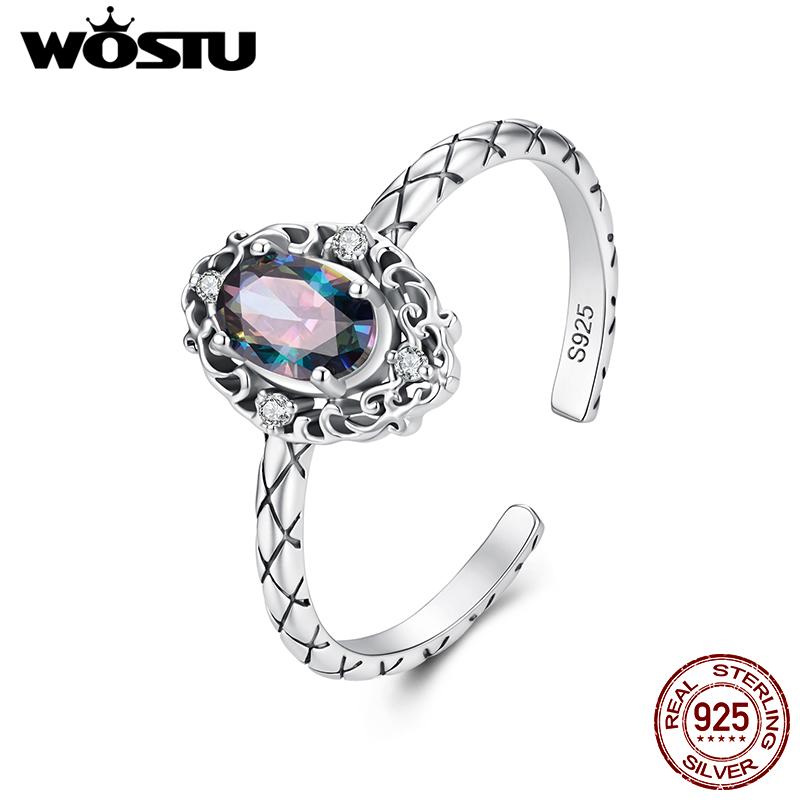 WOSTU Vintage 925 Sterling Silver Open Ring For Women Oval Mystic Topaz Gemstone Retro Adjustable Statement Rings Party Gift