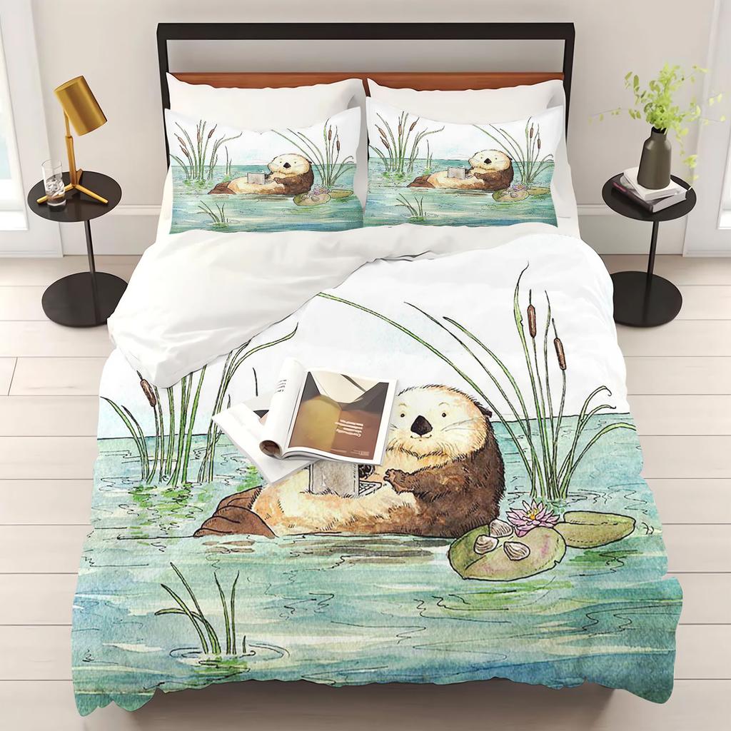 Otter Duvet Cover Animal Cartoon 3-Piece Set Children Cute Polyester Soft Breathable Comforter Animation Bedding
