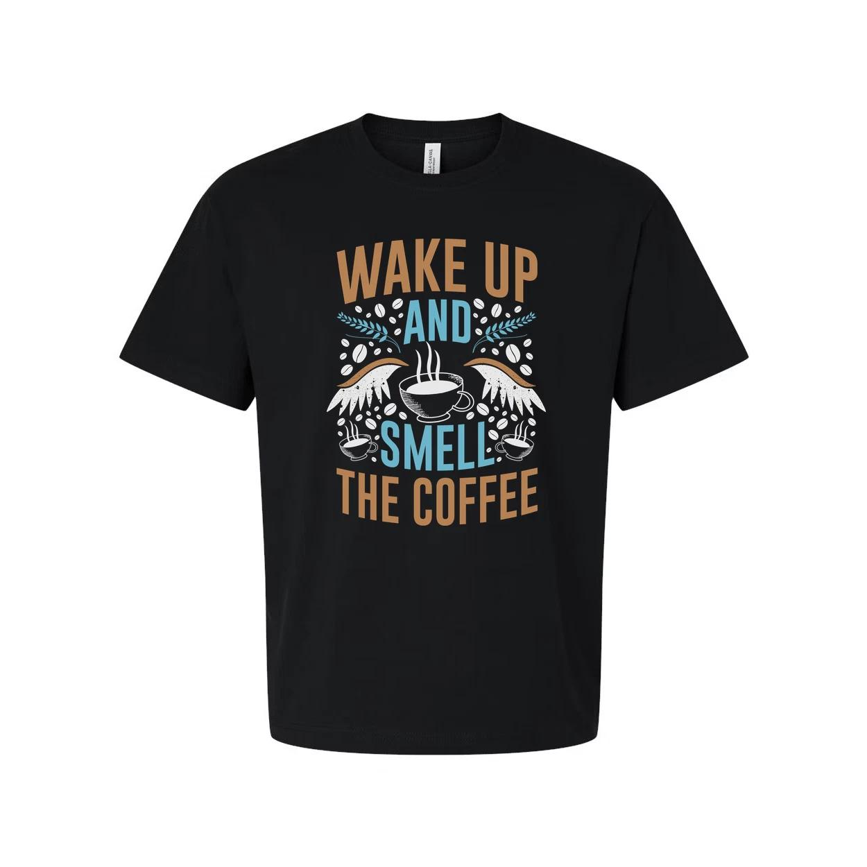 

Wake Up And Smell The Coffee Unisex Graphic Tee With Coffee Cup And Steam Design L