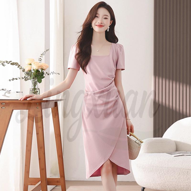 

2026 Summer French Square Neck Slim Fit Split Midi Dress for Women M M
