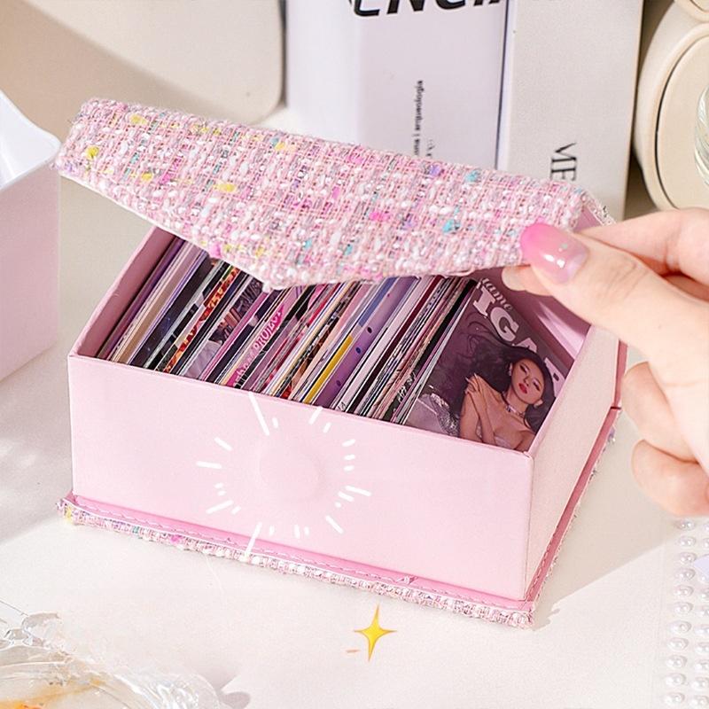 PU Desktop Card Holder with Magnetic Closure Cute Cartoon Dustproof Storage Box for Girls Students and Celebrity Po Collector