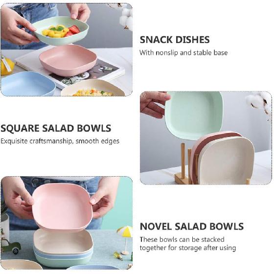 Square Cereal Bowls Set of 4, Plastic Small Bowls for Kitchen, 6 Inch Shallow Serving Bowls for Soup Salad Oatmeal Snack Dessert Ice Cream