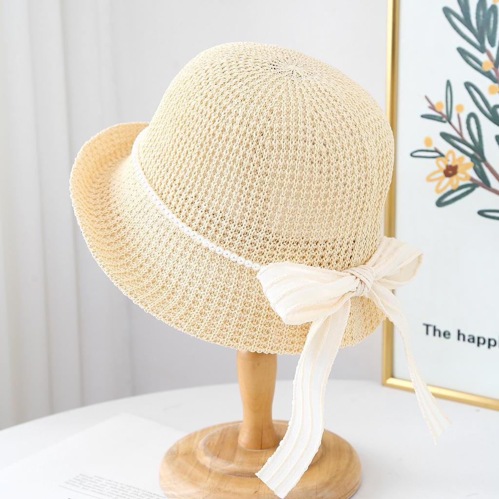 Hat Lace Ribbon Bow Knitted Hat Women's Summer Seaside Vacation Breathable Sun Hat Sunscreen Knitted Hat