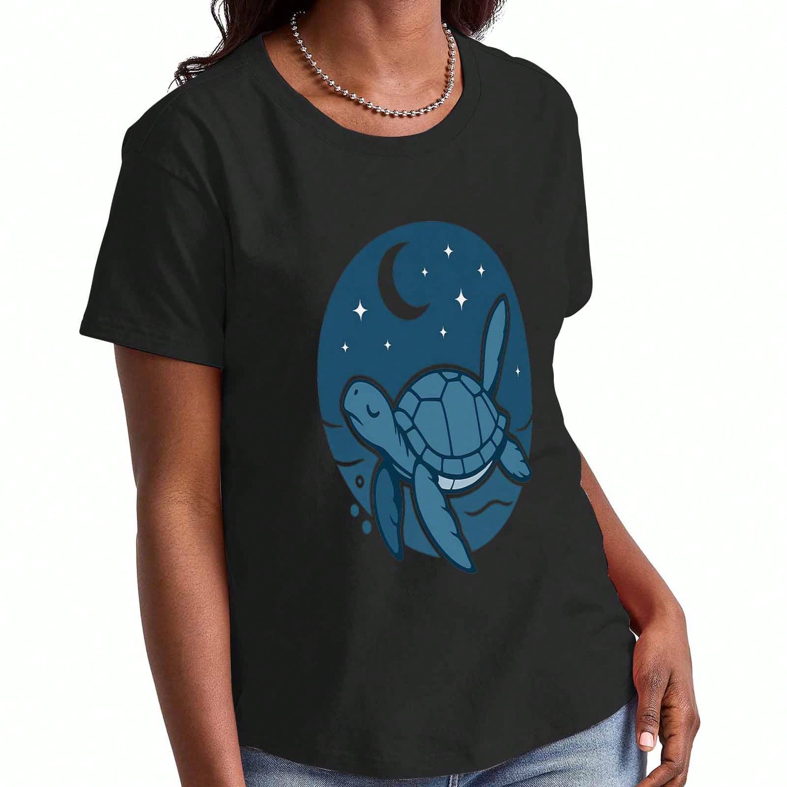 Moon Turtle Ladies Cotton T Shirt, Premium Cotton Print,Durable, Casual Fashion. Cute Sea Turtle With Crescent Moon And Stars Design, Whimsical Ocean S разноцветный