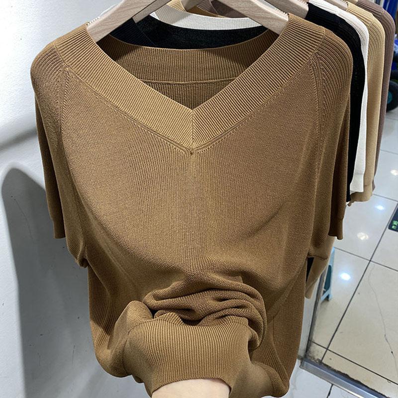 Summer 2024 New Fashion Short Sleeve Knitted Women Sweater V-Neck White Black Knitted Sweaters Pullovers Women Tops JJ40