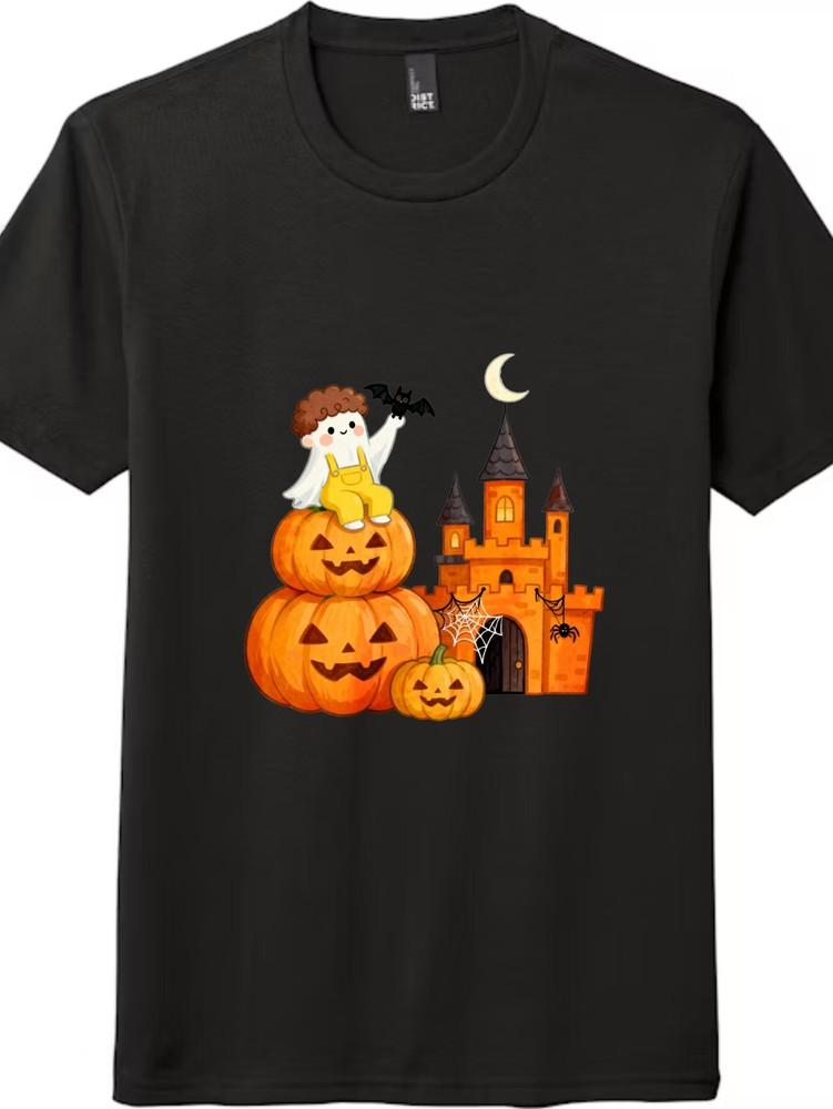 

Halloween Cute Ghost and Pumpkin Castle T-shirt | Whimsical Festival Tee 4XL