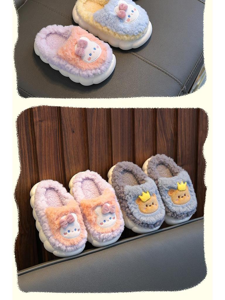 Children's Winter Cotton Slippers - Warm Non-slip Plush, Closed Heel Cartoon Fur for Boys, Girls, Toddlers, and Babies