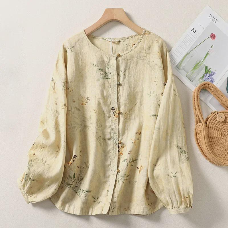 Women's Retro Chinese Style Long Sleeve Linen Shirt with Pan Kou Design