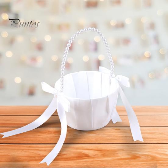 Wedding Flower Girl Basket Satin Bowknot White Basket with Faux Pearl Handle Hand Held Wedding Basket for Ceremony Party Decor