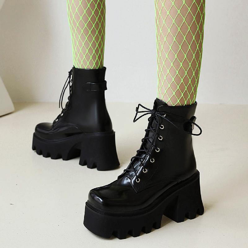 Gothic Punk Street Women's Ankle Boots Platform 2025 Thick High Heels Short Boot New Fashion Designer Black Lace-up Winter Shoes
