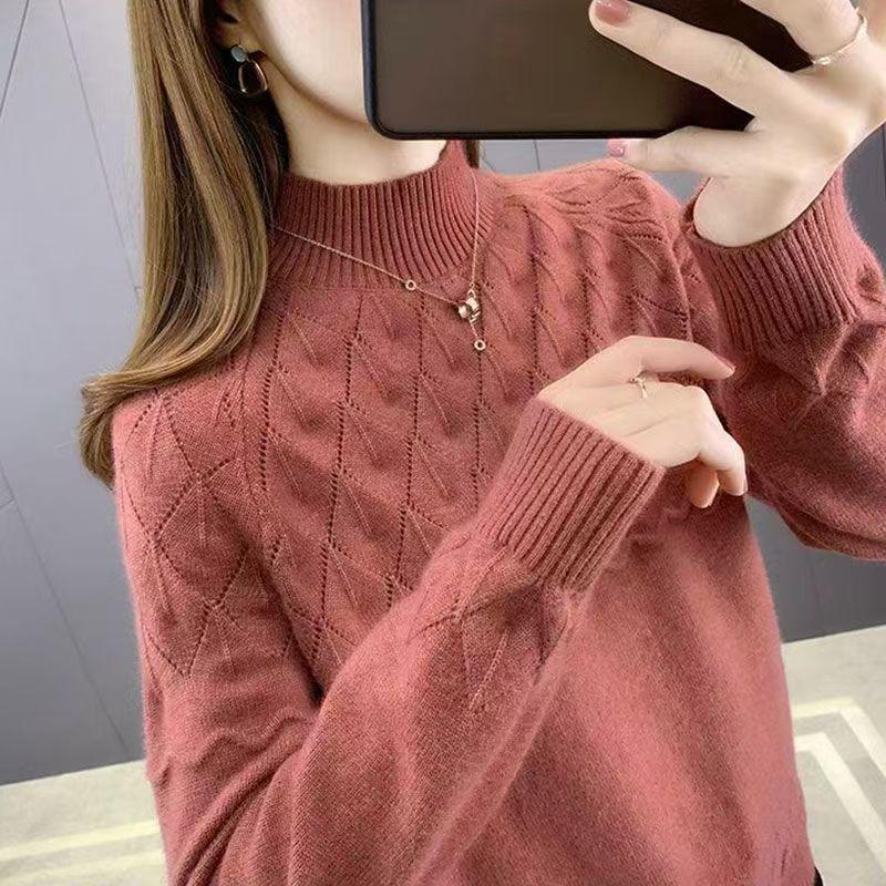 Women's Loose Half-High Neck Knit Sweater - Solid Color, Versatile Autumn/Winter Pullover