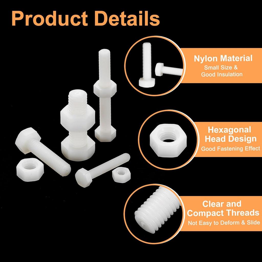 uxcell 25 Pair Nylon Screws Nuts Assortment, M4x25mm Hex Screws Bolts and M4 Hex Nuts for Machinery Electronics Industrial Accessories, White