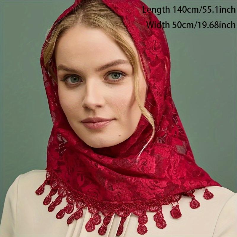 1pc Rose Pattern Lace Triangle Hijab Scarf Thin Breathable Tassel Shawl Elegant Style Windproof Sunscreen Head Wrap