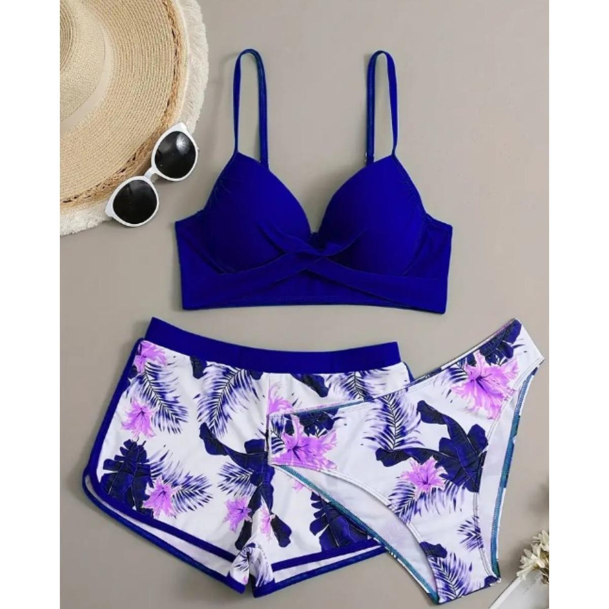 

ЖЕНСКИЙ КОМПЛЕКТ БИКИНИ С ЦВЕТОЧНЫМ ПРИНТОМ - V-образный вырез, смесь высокоэластичного нейлона и эластана, непрозрачный - Модные купальники XL синий