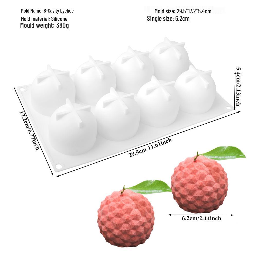 3D Fruchtmousse Silikon Kuchenformen: Birne, Apfel, Ananas, Pfirsich, Durian, Himbeere.