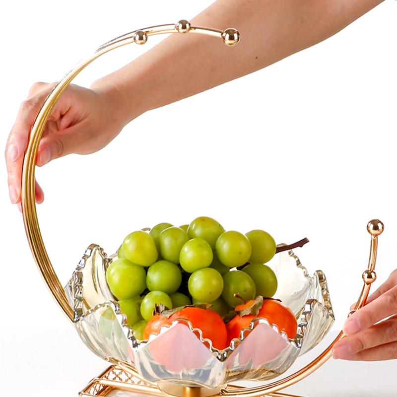 1PC Light Luxury Snack Storage Glass Table Decor Fruit Plate Metal Moon Shaped European Style