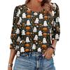 Women's Fashionable Casual Round Neck Seven Quarter Sleeve Halloween Printed Bubble Sleeve Top