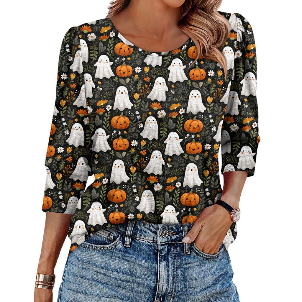 Women's Fashionable Casual Round Neck Seven Quarter Sleeve Halloween Printed Bubble Sleeve Top