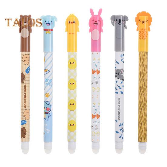 6 Pcs Erasable Gel Pens Cartoon Animal Rollerball Gel Pens 0.5mm Blue/Black Ink Erasable Ballpoint Pens for School Office Home Supplies