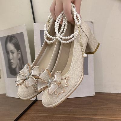 High Heels Women's 2025 New Rhinestone Bow New Chinese Pearl Chain Square Head Light Mouth Thick Heel Versatile Single Shoes