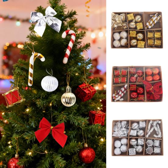 24Pcs/Box Christmas Ornament Gift Box Candy Cane Ball Mini Bowknot Xmas Tree Hanging Ornament Holiday Festival Party Decor Pendant