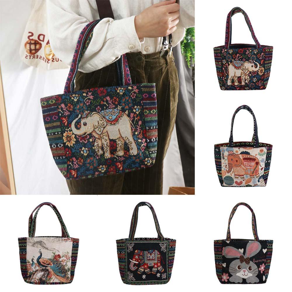 Peacock Canvas Tote Bag Embroidery Elephant Handbag Simple Ethnic Style Handbag  Grocery Handbags