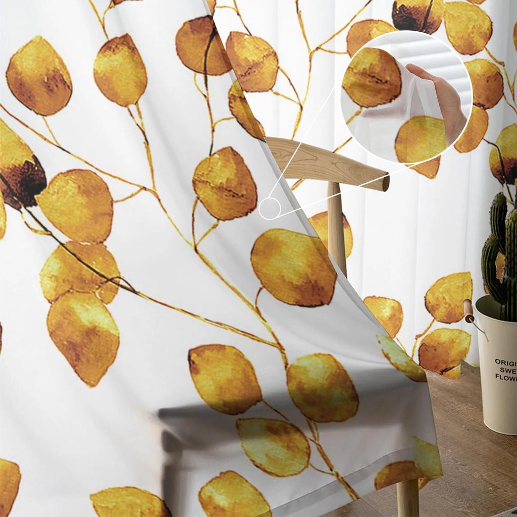 Perdele din tul pentru fereastră din frunze de acuarelă galbenă, pentru living, bucătărie, decorațiuni pentru locuințe de Crăciun, perdele din voal transparent