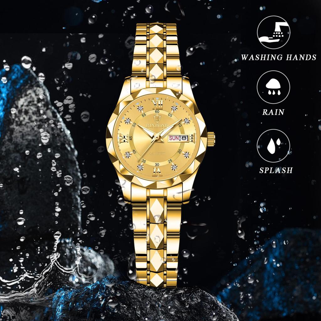 Waterproof and Rainproof Wristwatch with Luminous Round Stainless Steel Calendar Gold and Gold Perfect for Business or Formal This Pair Watch Features