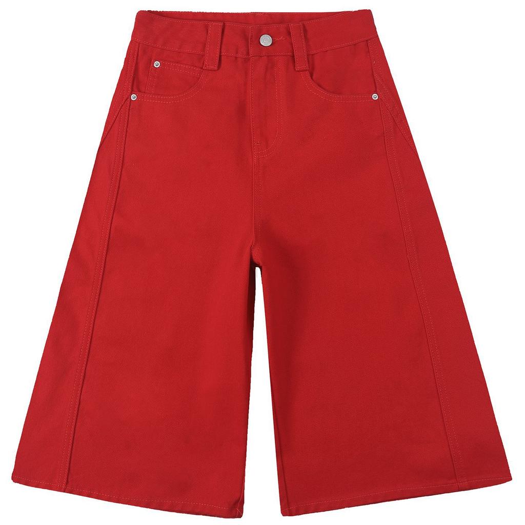 Fashion Bright Red High Waist Straight Wide Leg Cropped Capri Denim Pants For Women Loose Fit Trendy Versatile Slimming FigureFlattering Capri Pants