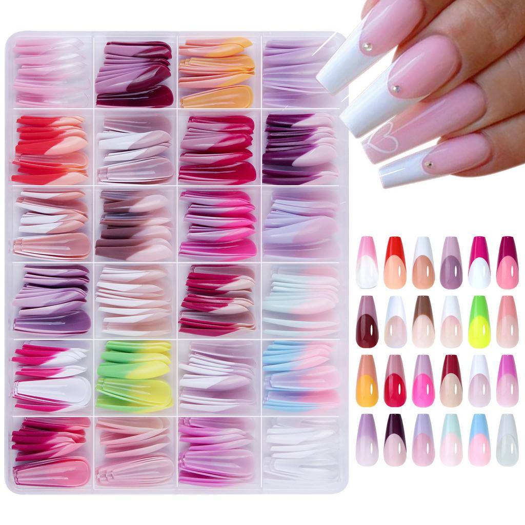288Pcs Colorful French Tips Fake Nails DIY Manicure Extension Long Coffin Press On Nails Reusable Full Cover False Nails Art