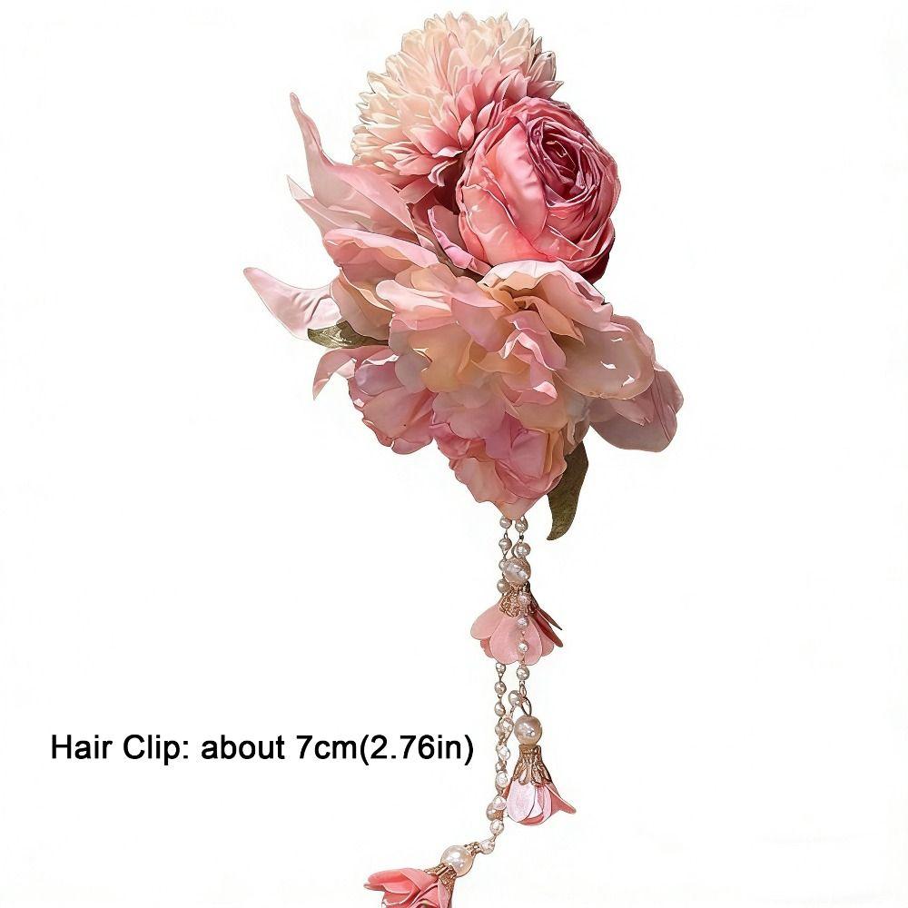 Elegant Design Flower Hairpin Pink Floral Headdress Tassel Hanfu Hair Accessories  Party Wear