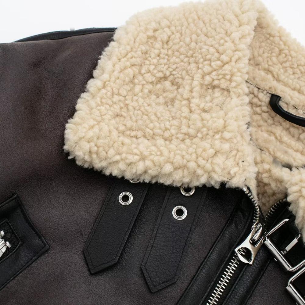 Podzim Zima Dámský Retro Volný Hřejivý Kabát z Umělé Jehněčí Kožešiny Streetwear Dámská Prošívaná Bunda s Páskem na Zip