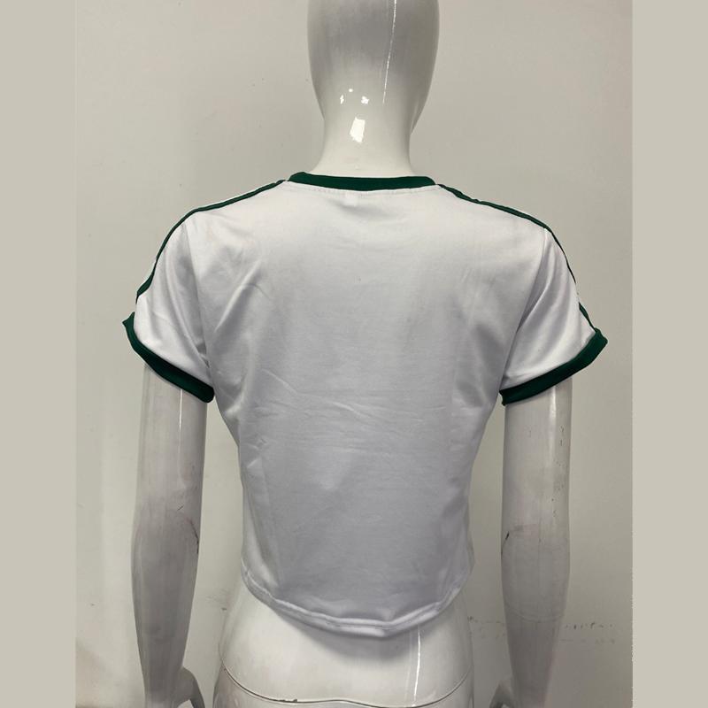 T-shirt pullover estiva europea e americana con stampa di lettere, ombelico scoperto, scollo rotondo sexy