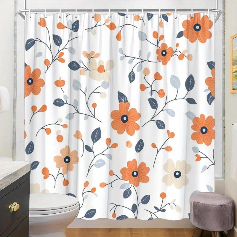 

1 stylish floral shower curtain with orange, beige and blue flowers on white background with hooks polyester fabric for bathroom 90x180cm