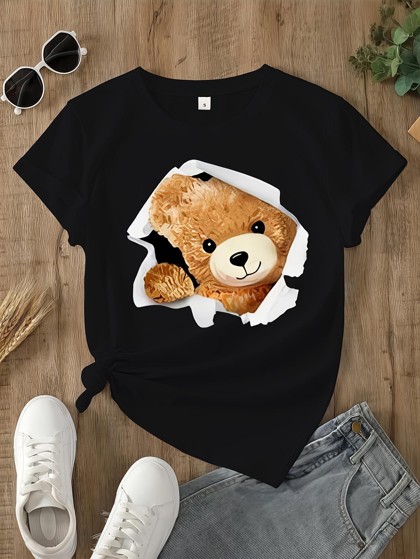 Bear Print Crew Neck TShirt Casual Sleeve Top for Spring Summer Womens Clothing Harajuku Sleeve Casual Harajuku Streetwear S