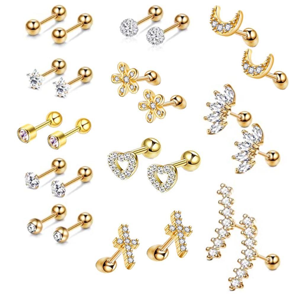 Stainless Steel Zirconia Threaded Ear Studs and Stainless Steel Piercing Ear Bone Pins Set