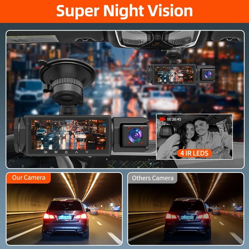 3.16" Triple Lens Dash Cam for Taxi & Commercial Vehicles - 3-Way Front/Interior/Rear Loop Recording