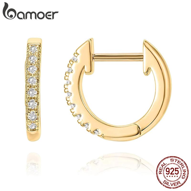 Bamoer 14K Gold Plated 925 Silver Cuff Earrings with Cubic Zircon, 10 Colors Huggie Stud for Women Girl SCE498